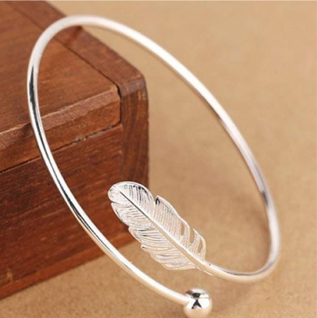 Feather Charm Sterling Silver Bangle