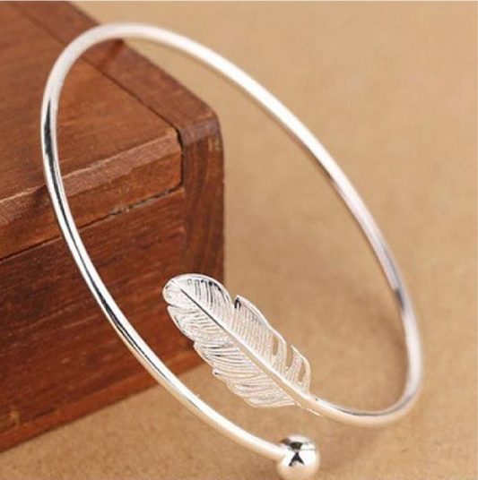 Feather Charm Sterling Silver Bangle