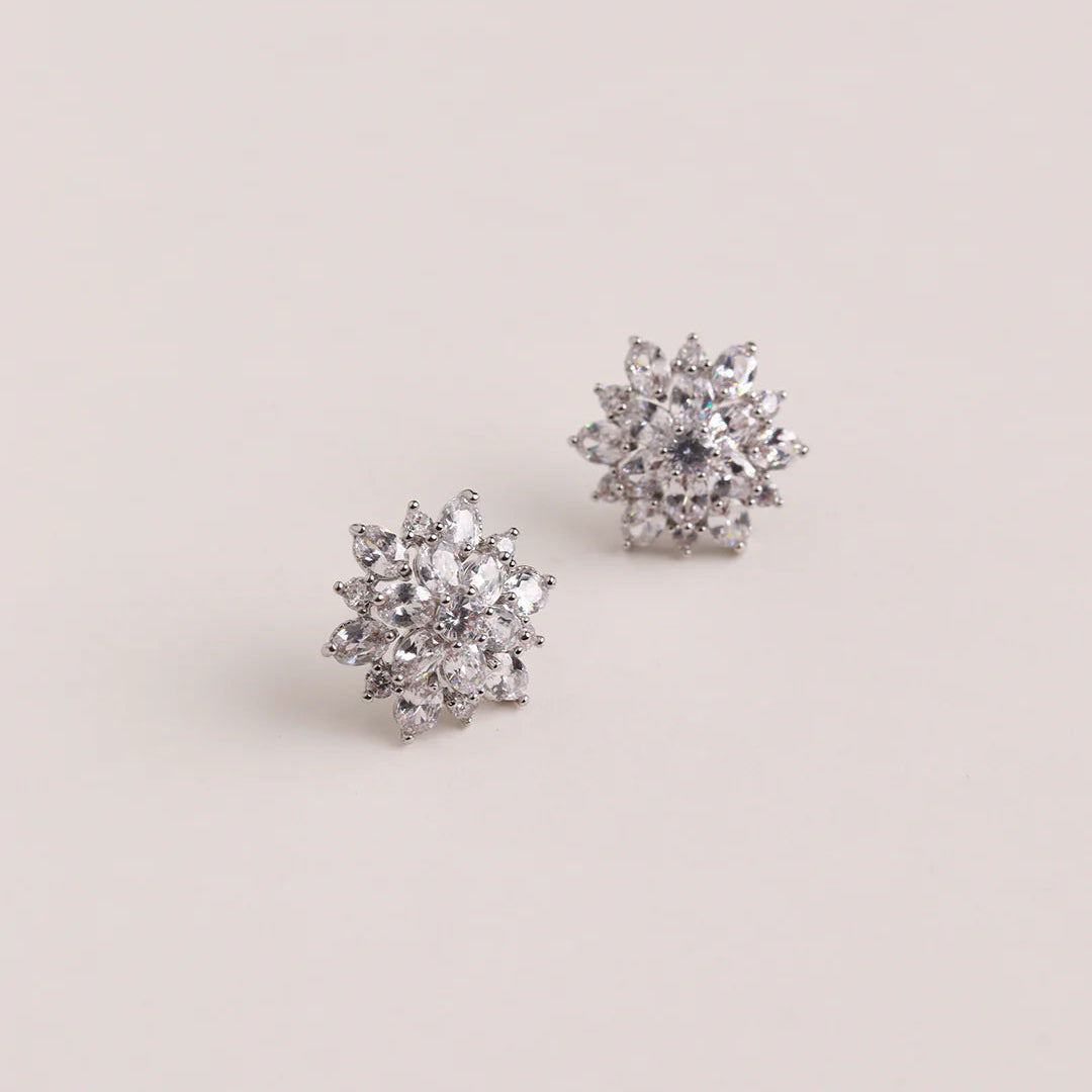 Silver Floral Cluster Zircon Stud Earrings