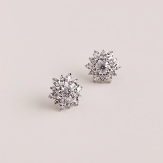 Silver Floral Cluster Zircon Stud Earrings